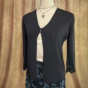 Vintage Y2K Cardigan 3/4 Sleeve Open Front Crochet Trim Black Indie Preppy Goth